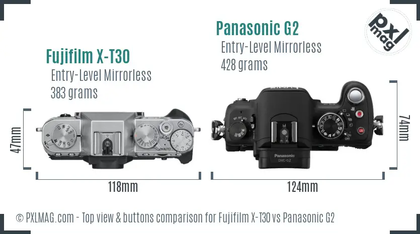 Fujifilm X-T30 vs Panasonic G2 top view buttons comparison