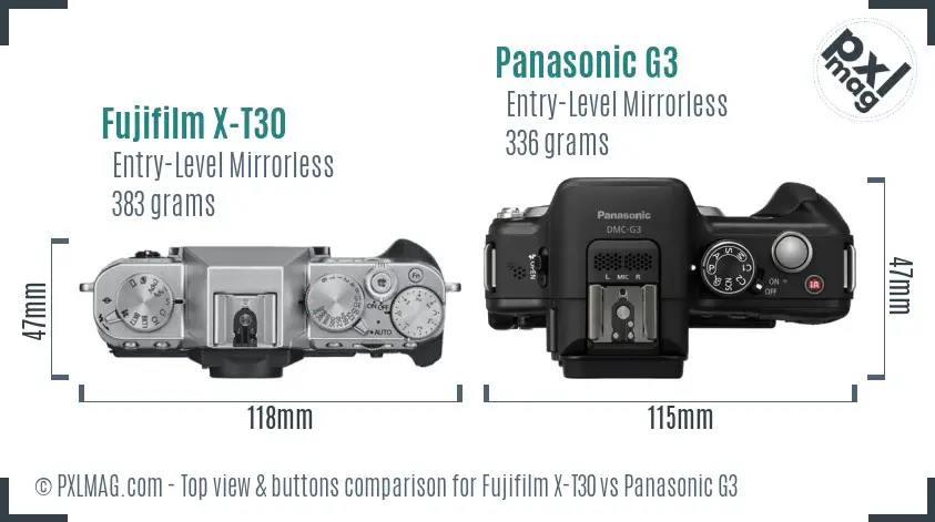 Fujifilm X-T30 vs Panasonic G3 top view buttons comparison