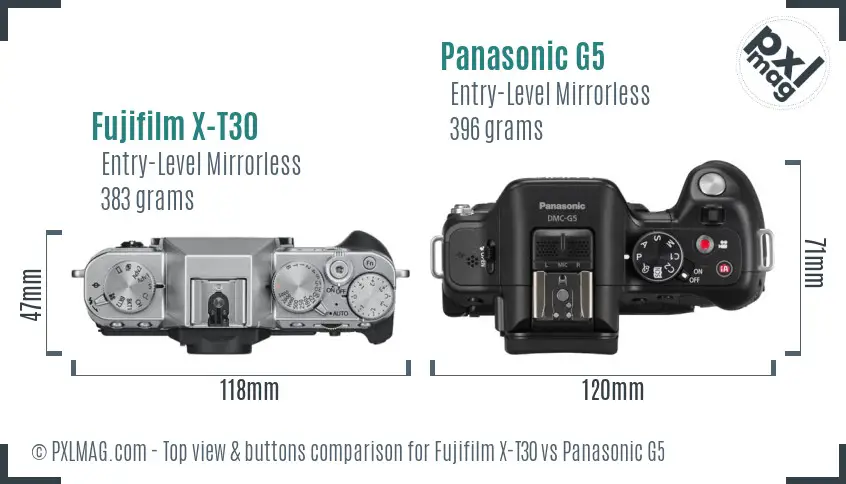 Fujifilm X-T30 vs Panasonic G5 top view buttons comparison