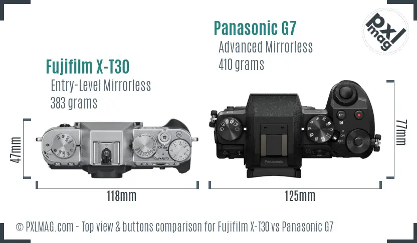 Fujifilm X-T30 vs Panasonic G7 top view buttons comparison