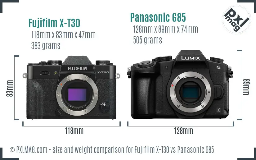 Fujifilm X-T30 vs Panasonic G85 size comparison