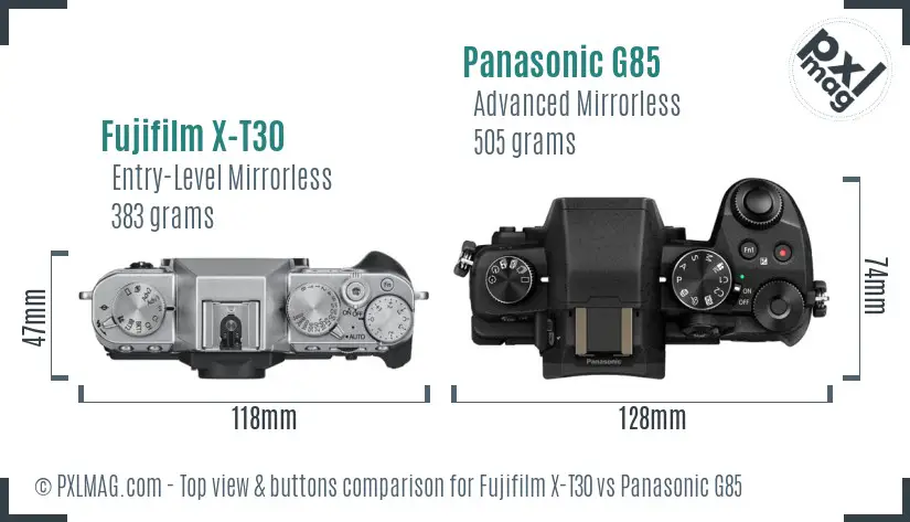 Fujifilm X-T30 vs Panasonic G85 top view buttons comparison