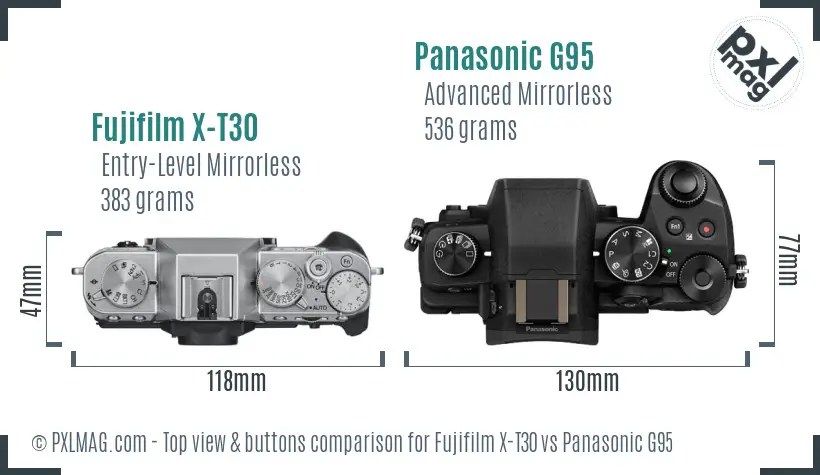 Fujifilm X-T30 vs Panasonic G95 top view buttons comparison