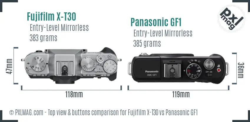 Fujifilm X-T30 vs Panasonic GF1 top view buttons comparison