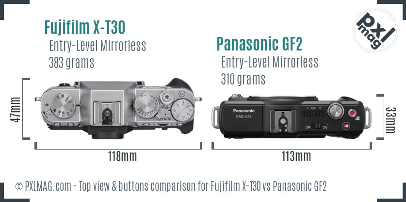 Fujifilm X-T30 vs Panasonic GF2 top view buttons comparison