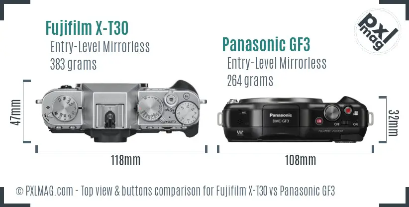 Fujifilm X-T30 vs Panasonic GF3 top view buttons comparison