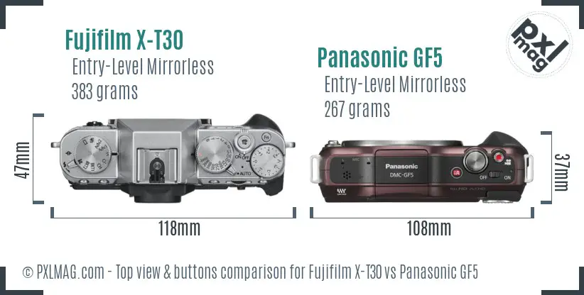 Fujifilm X-T30 vs Panasonic GF5 top view buttons comparison