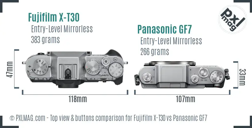 Fujifilm X-T30 vs Panasonic GF7 top view buttons comparison