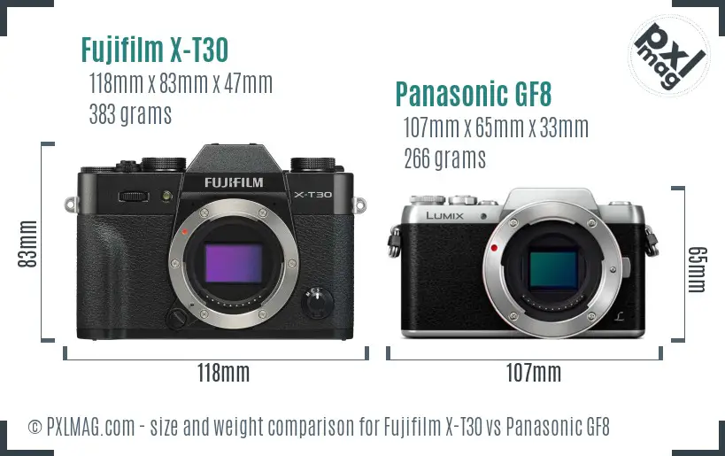 Fujifilm X-T30 vs Panasonic GF8 size comparison