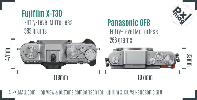 Fujifilm X-T30 vs Panasonic GF8 top view buttons comparison