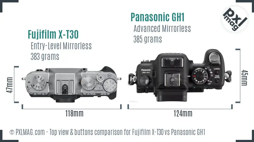 Fujifilm X-T30 vs Panasonic GH1 top view buttons comparison
