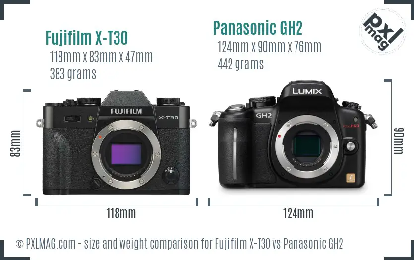 Fujifilm X-T30 vs Panasonic GH2 size comparison