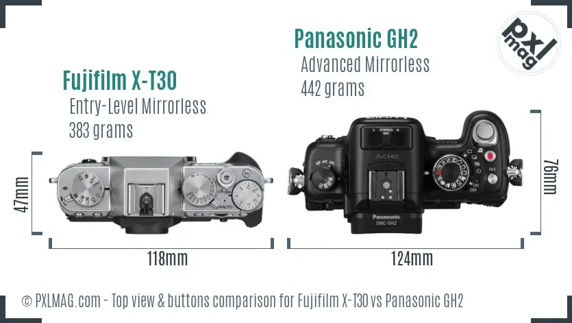 Fujifilm X-T30 vs Panasonic GH2 top view buttons comparison