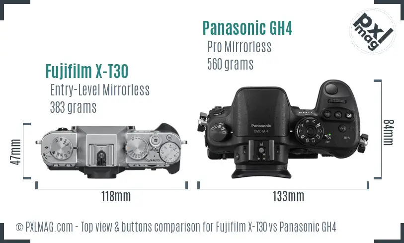 Fujifilm X-T30 vs Panasonic GH4 top view buttons comparison Fujifilm X-T30 vs Panasonic GH4 top view buttons comparison