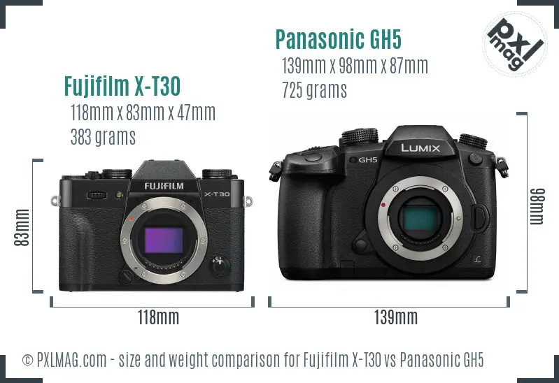 Fujifilm X-T30 vs Panasonic GH5 size comparison