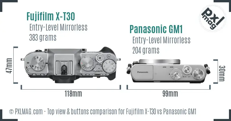 Fujifilm X-T30 vs Panasonic GM1 top view buttons comparison