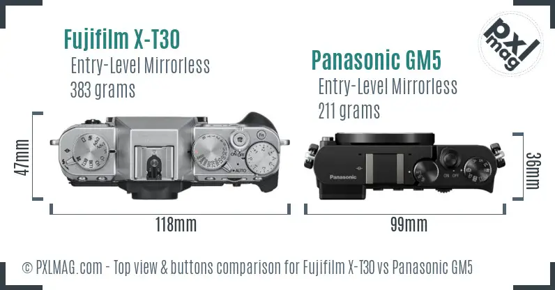 Fujifilm X-T30 vs Panasonic GM5 top view buttons comparison