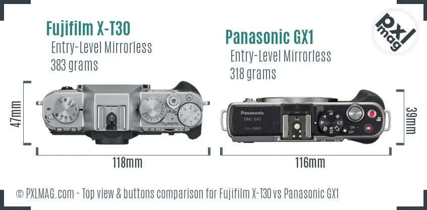 Fujifilm X-T30 vs Panasonic GX1 top view buttons comparison