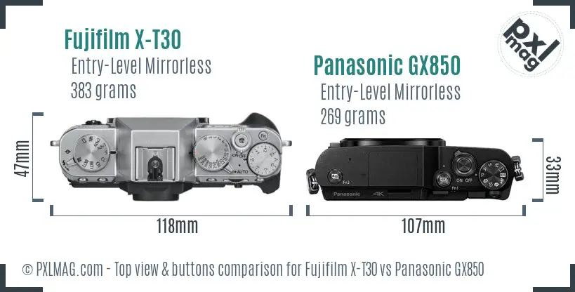 Fujifilm X-T30 vs Panasonic GX850 top view buttons comparison