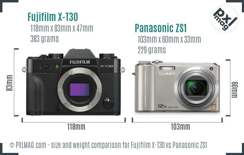 Fujifilm X-T30 vs Panasonic ZS1 size comparison