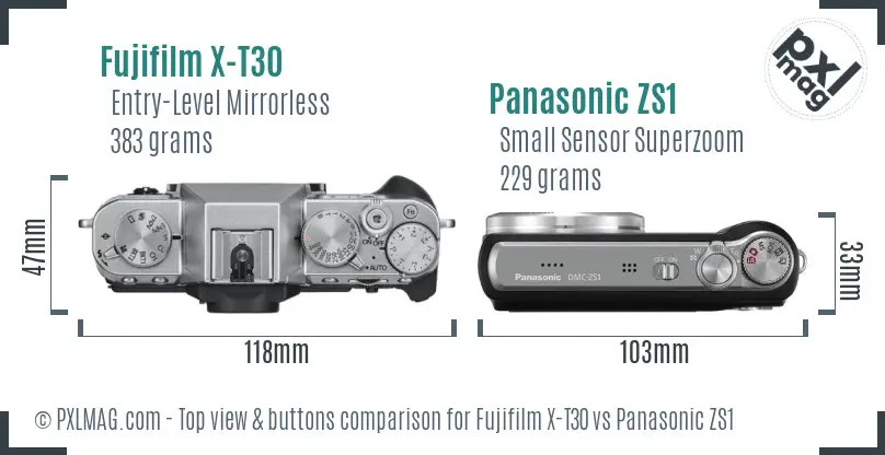 Fujifilm X-T30 vs Panasonic ZS1 top view buttons comparison