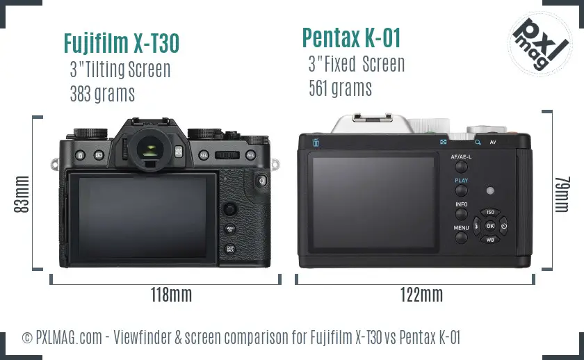 Fujifilm X-T30 vs Pentax K-01 Screen and Viewfinder comparison