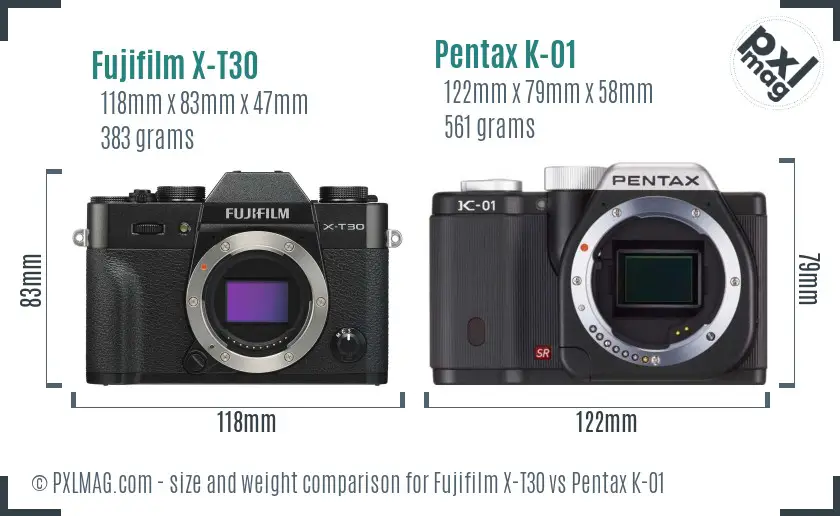 Fujifilm X-T30 vs Pentax K-01 size comparison