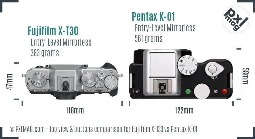 Fujifilm X-T30 vs Pentax K-01 top view buttons comparison