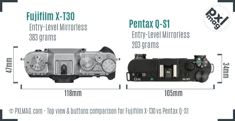 Fujifilm X-T30 vs Pentax Q-S1 top view buttons comparison