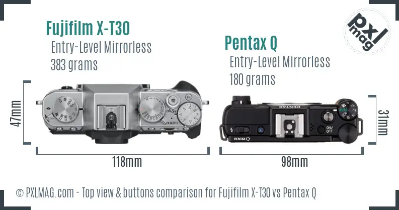 Fujifilm X-T30 vs Pentax Q top view buttons comparison