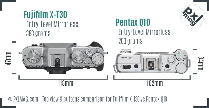 Fujifilm X-T30 vs Pentax Q10 top view buttons comparison