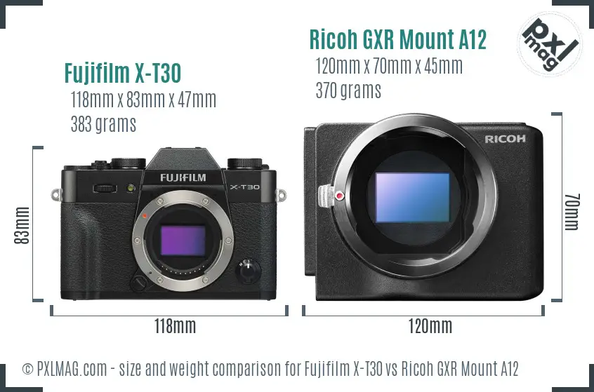 Fujifilm X-T30 vs Ricoh GXR Mount A12 size comparison