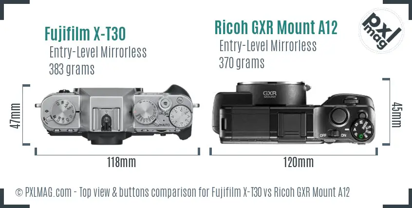 Fujifilm X-T30 vs Ricoh GXR Mount A12 top view buttons comparison