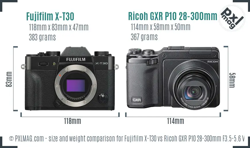 Fujifilm X-T30 vs Ricoh GXR P10 28-300mm F3.5-5.6 VC size comparison