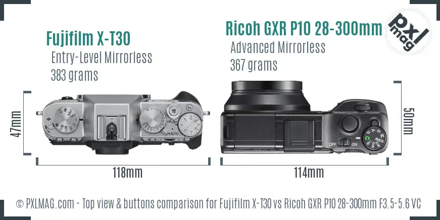 Fujifilm X-T30 vs Ricoh GXR P10 28-300mm F3.5-5.6 VC top view buttons comparison