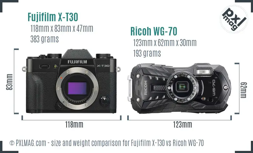 Fujifilm X-T30 vs Ricoh WG-70 size comparison