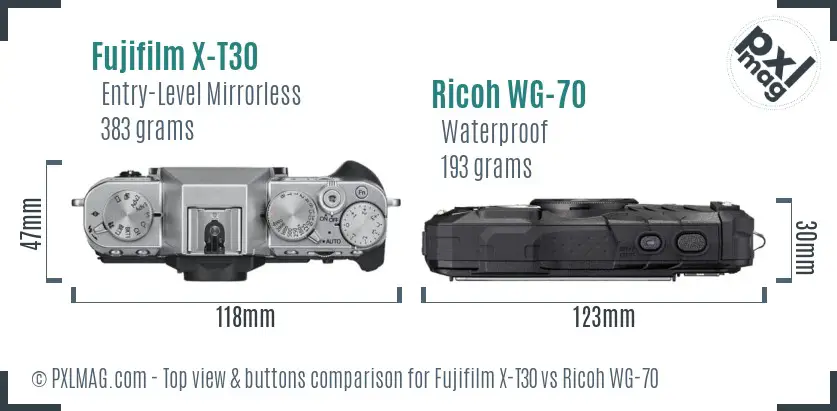 Fujifilm X-T30 vs Ricoh WG-70 top view buttons comparison