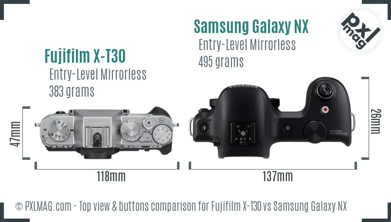 Fujifilm X-T30 vs Samsung Galaxy NX top view buttons comparison