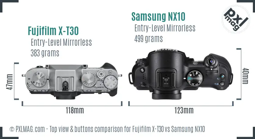 Fujifilm X-T30 vs Samsung NX10 top view buttons comparison