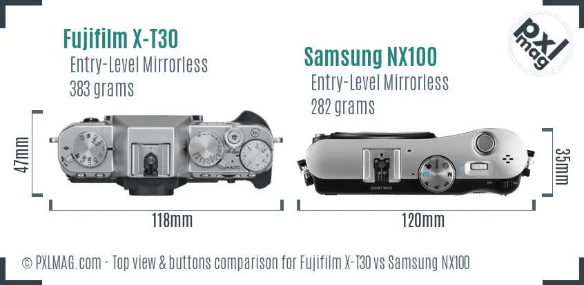 Fujifilm X-T30 vs Samsung NX100 top view buttons comparison