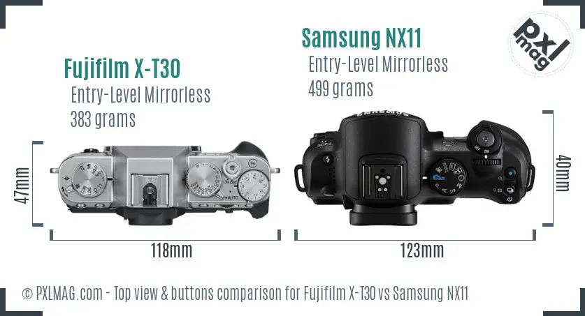 Fujifilm X-T30 vs Samsung NX11 top view buttons comparison