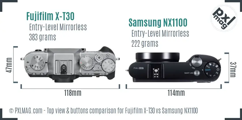 Fujifilm X-T30 vs Samsung NX1100 top view buttons comparison