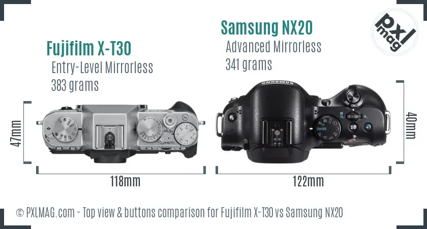 Fujifilm X-T30 vs Samsung NX20 top view buttons comparison