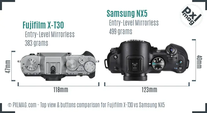 Fujifilm X-T30 vs Samsung NX5 top view buttons comparison