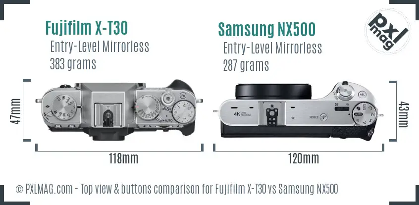 Fujifilm X-T30 vs Samsung NX500 top view buttons comparison