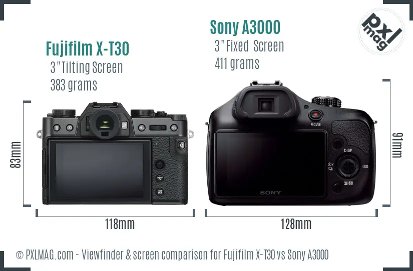Fujifilm X-T30 vs Sony A3000 Screen and Viewfinder comparison