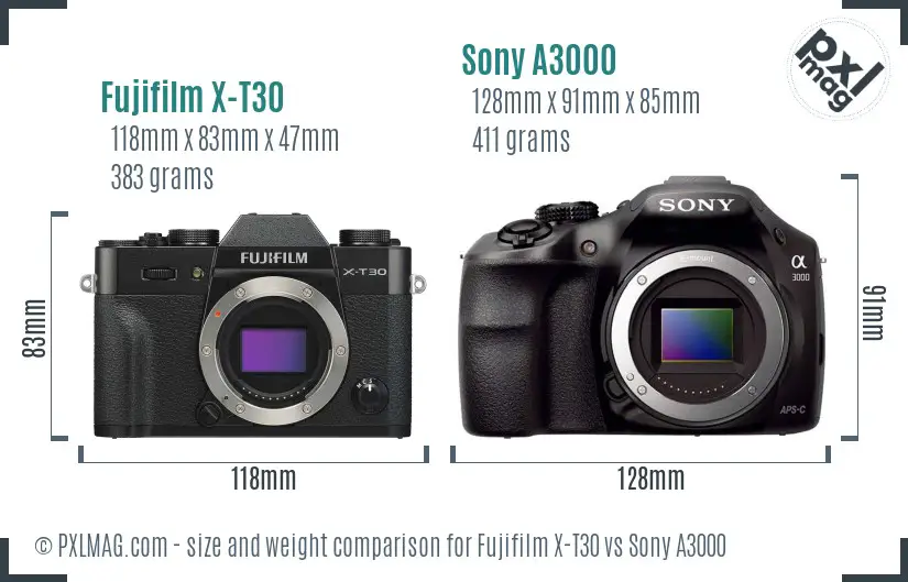 Fujifilm X-T30 vs Sony A3000 size comparison