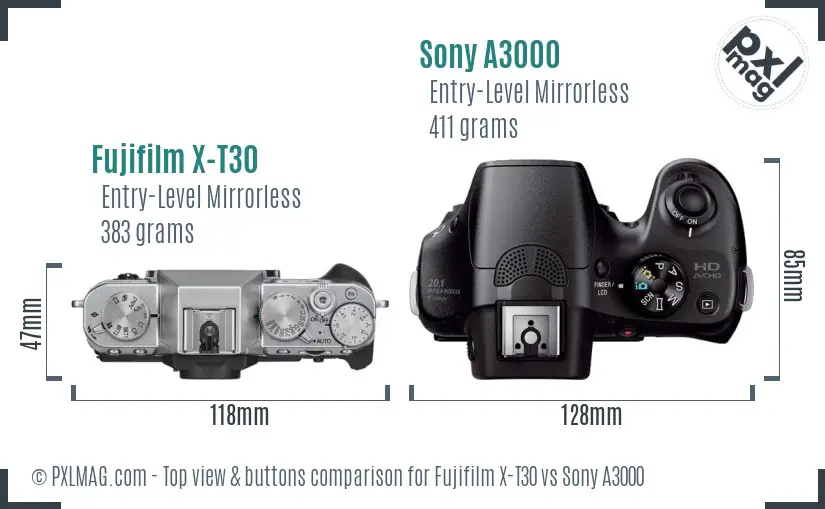 Fujifilm X-T30 vs Sony A3000 top view buttons comparison
