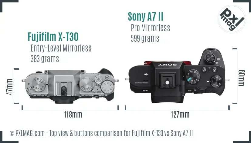 Fujifilm X-T30 vs Sony A7 II top view buttons comparison