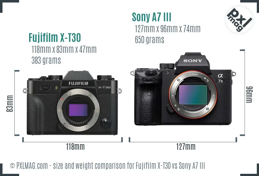 Fujifilm X-T30 vs Sony A7 III size comparison